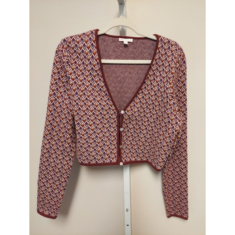 GB Gianni Bini Womens Burgundy Geometric Knit Cropped Cardigan Sweater L